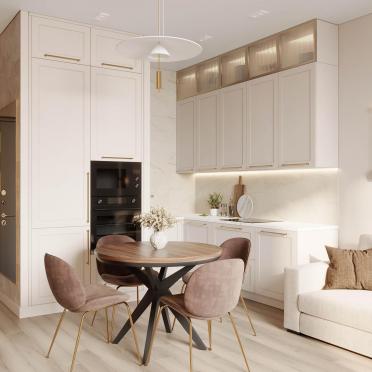 Интерьер кухни с без окна и светильниками над столом  смотреть на Basicdecor
