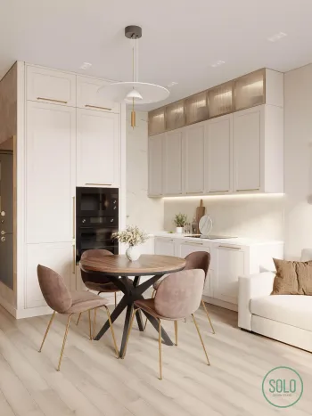 Интерьер кухни с без окна и светильниками над столом  смотреть на Basicdecor
