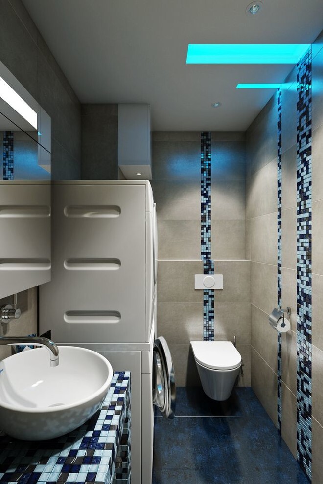 Интерьер ванной с душевой из плитки и совмещенным санузлом в современном стиле