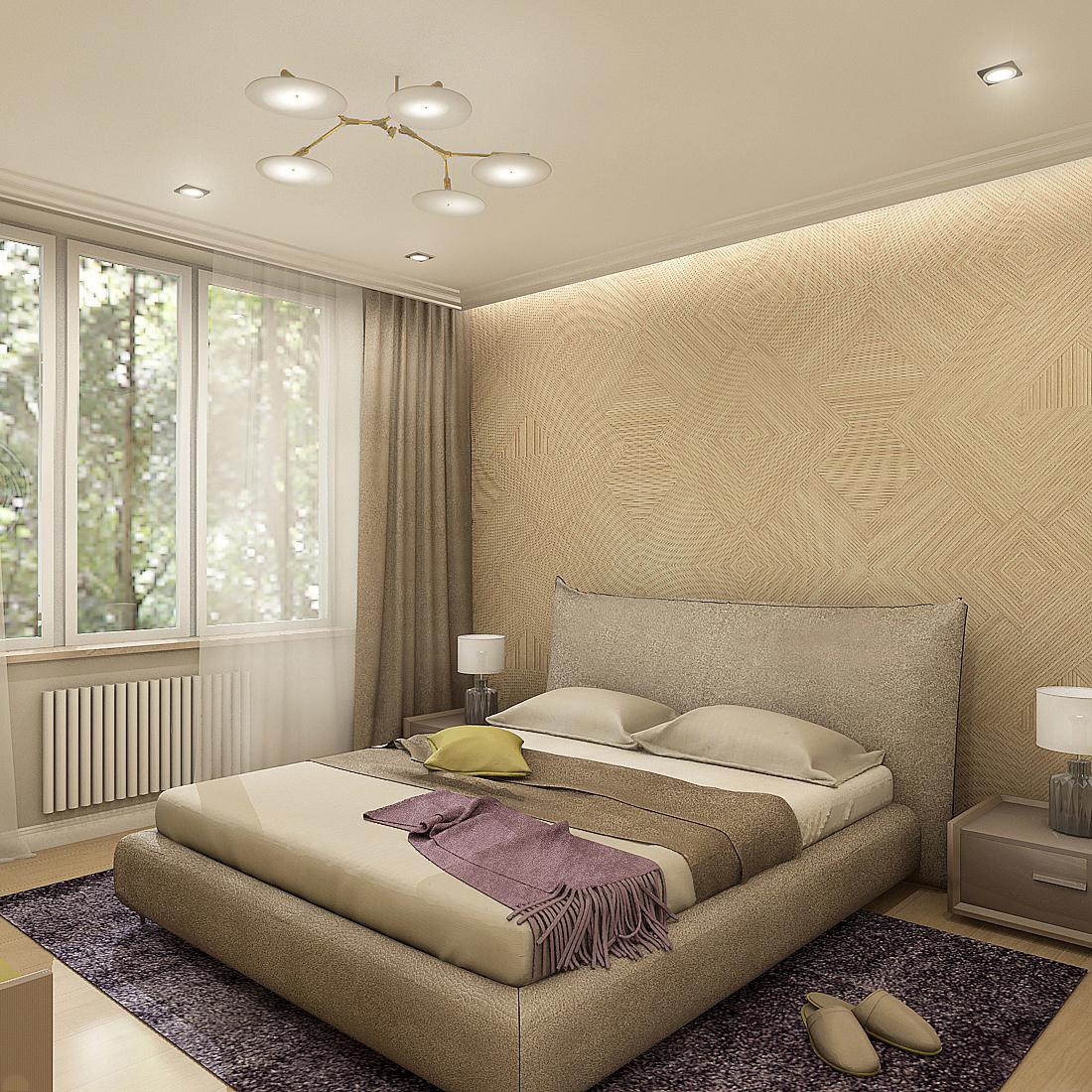 Интерьер спальни cветовыми линиями, подсветкой настенной, подсветкой светодиодной, светильниками над кроватью и с подсветкой