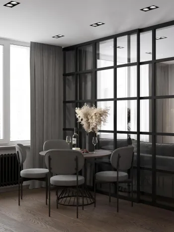 Интерьер кухни с зонированием шторами  смотреть на Basicdecor