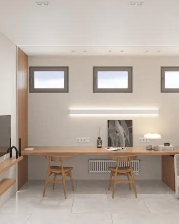 Интерьер c рабочим местом, нишей с подсветкой и с подсветкой  смотреть на Basicdecor