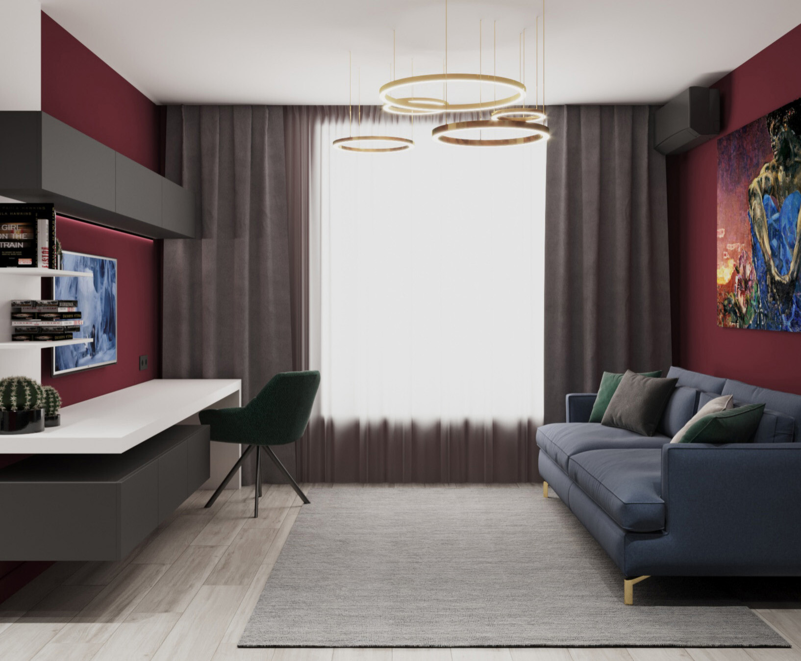 Интерьер гостиной cветовыми линиями и подсветкой настенной в современном стиле