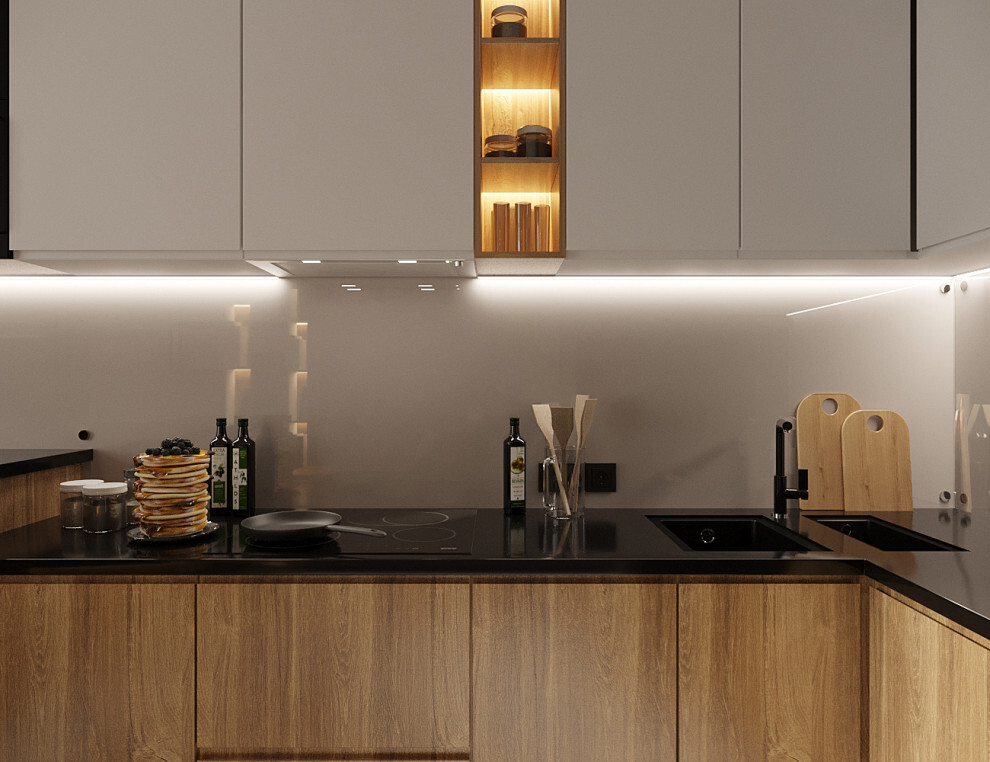Интерьер кухни с подсветкой настенной и подсветкой светодиодной в современном стиле
