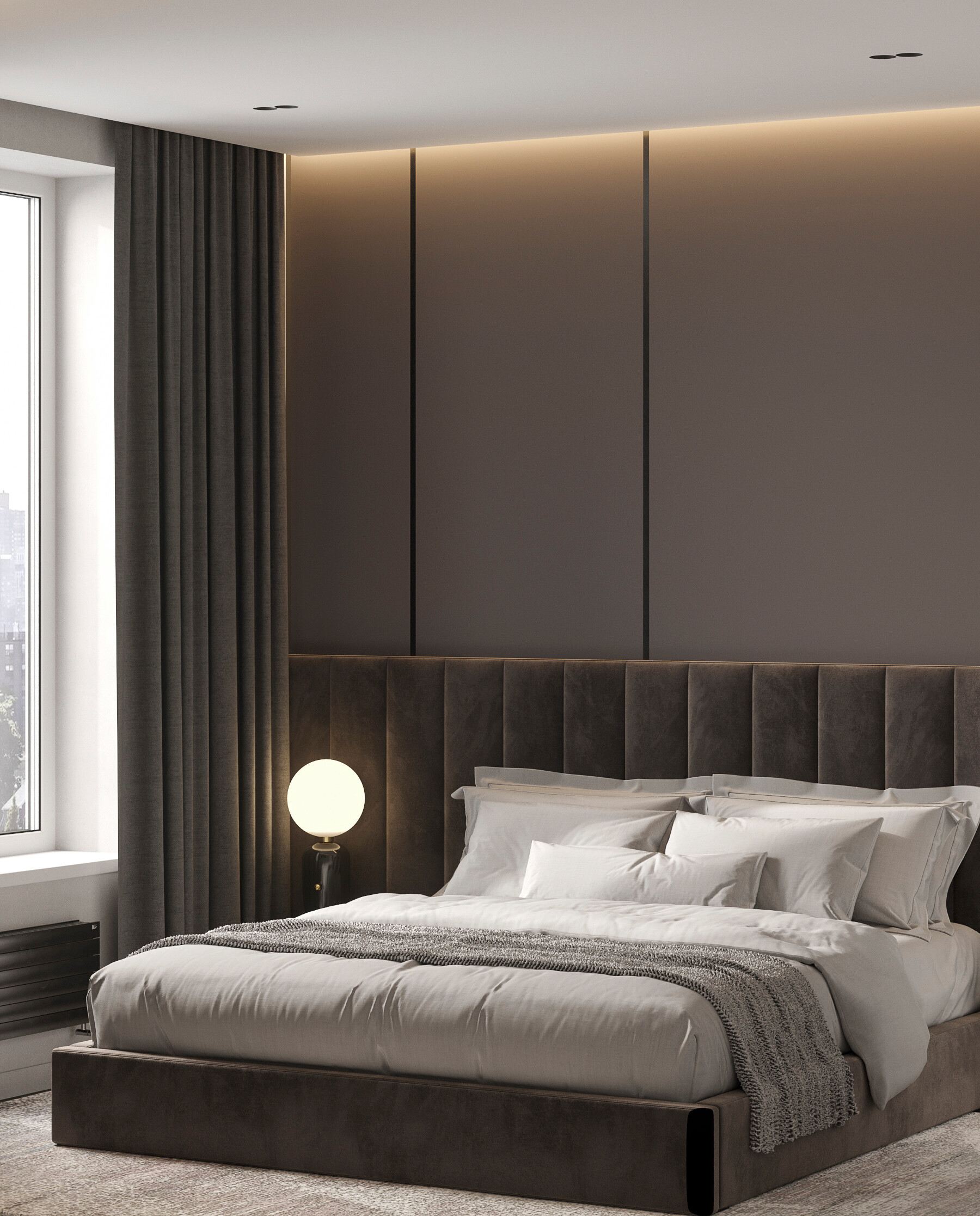 Интерьер спальни с нишей с подсветкой, рейками с подсветкой, бра над кроватью, подсветкой настенной, подсветкой светодиодной, светильниками над кроватью и с подсветкой в современном стиле