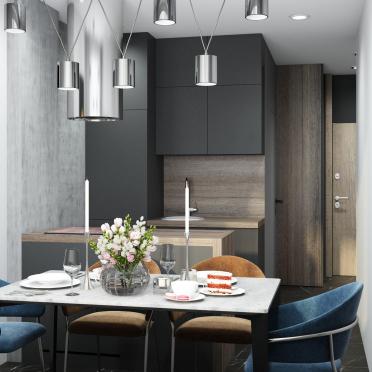 Интерьер кухни cветильниками над столом  смотреть на Basicdecor