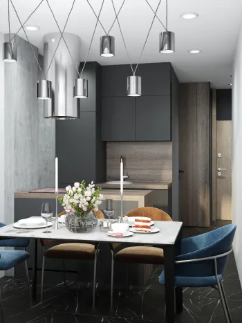 Интерьер кухни cветильниками над столом  смотреть на Basicdecor