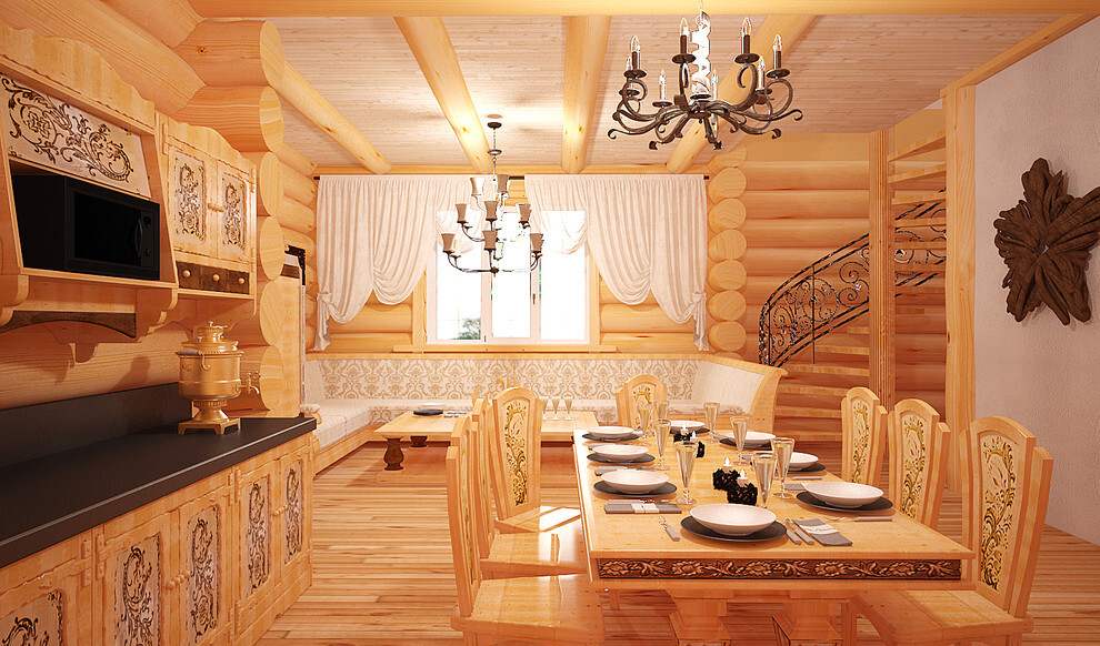Интерьер кафе и ресторана с в деревянном доме и сауной в стиле кантри и шале