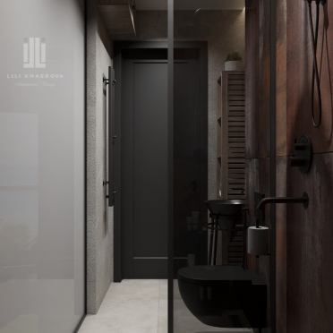 Интерьер ванной с проходной и зеркалом на двери  смотреть на Basicdecor