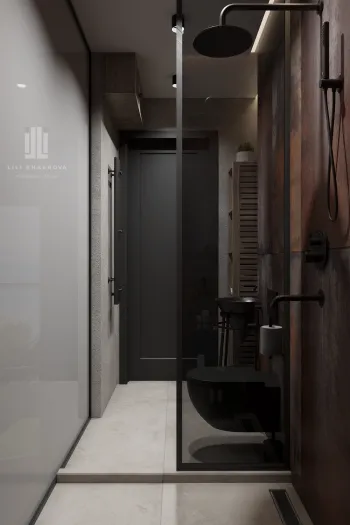 Интерьер ванной с проходной и зеркалом на двери  смотреть на Basicdecor