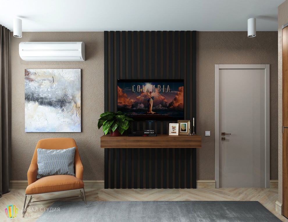Интерьер гостиной с зонированием рейками, стеной с телевизором, телевизором на рейках, телевизором на стене и вертикальными жалюзи