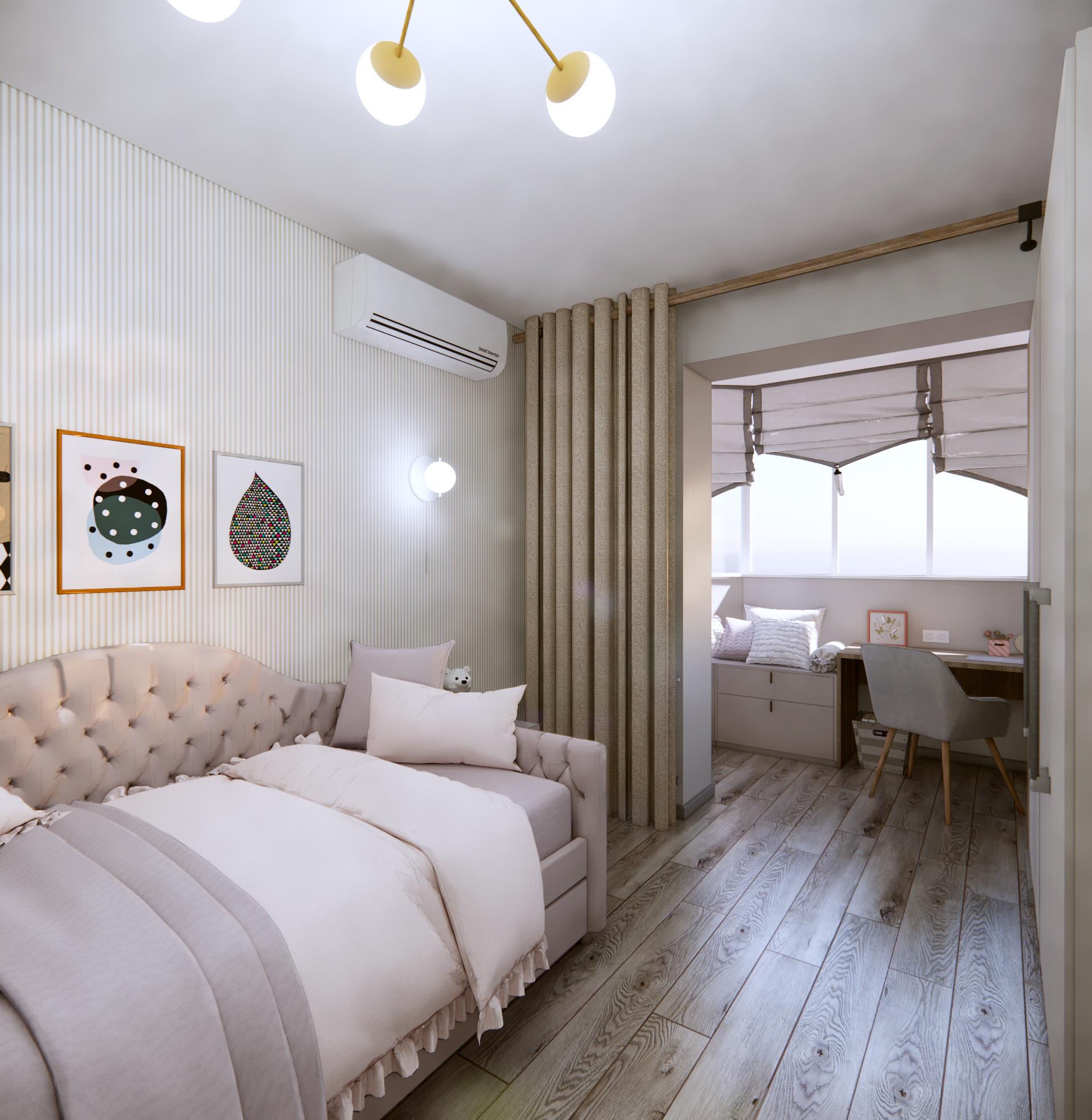 Интерьер спальни c рабочим местом, рейками с подсветкой, подсветкой светодиодной и светильниками над кроватью