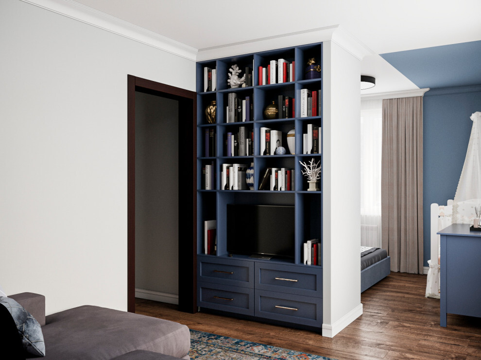 Интерьер гостиной с библиотекой/место для чтения в скандинавском стиле