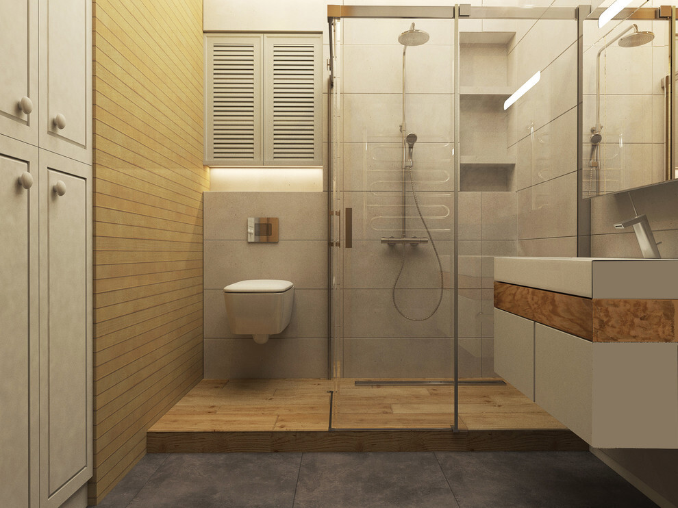 Интерьер ванной с душевой из плитки и сауной в современном стиле и в стиле лофт