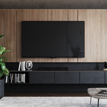 Интерьер гостиной с телевизором на рейках и телевизором на стене  смотреть на Basicdecor