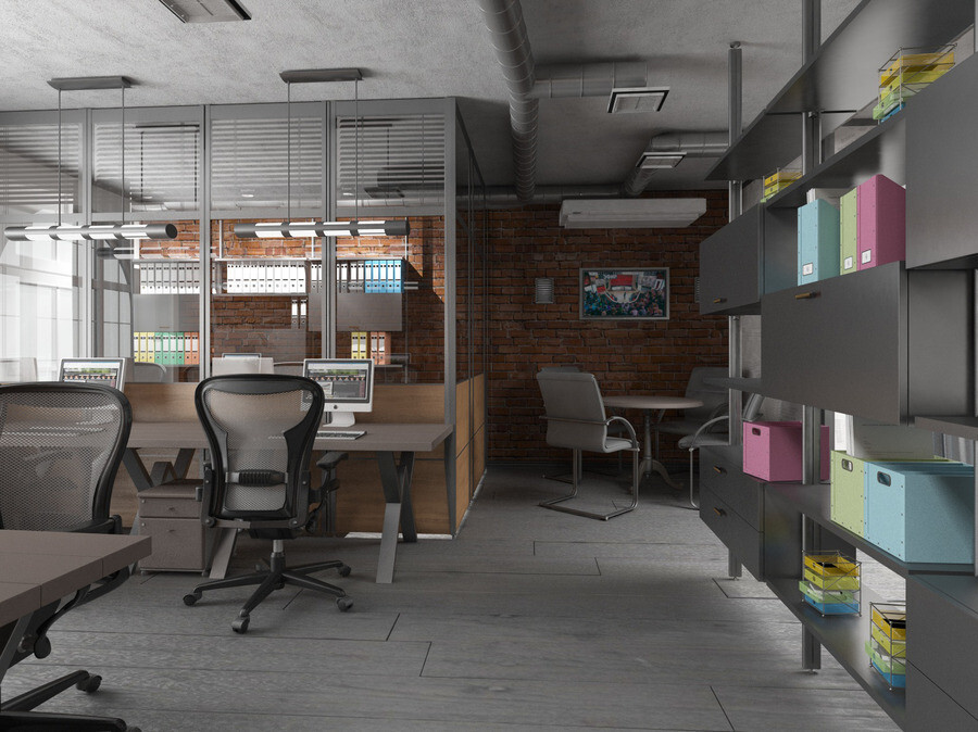 Интерьер офиса c рабочим местом и open space в стиле лофт