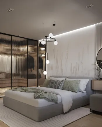 Интерьер спальни cветильниками над кроватью и с подсветкой  смотреть на Basicdecor