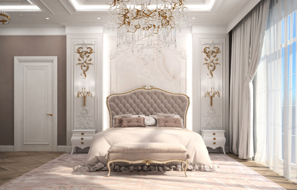 Интерьер спальни в классическом стиле, ампире и рококо