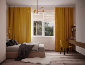Интерьер спальни c рабочим местом и жалюзи  смотреть на Basicdecor