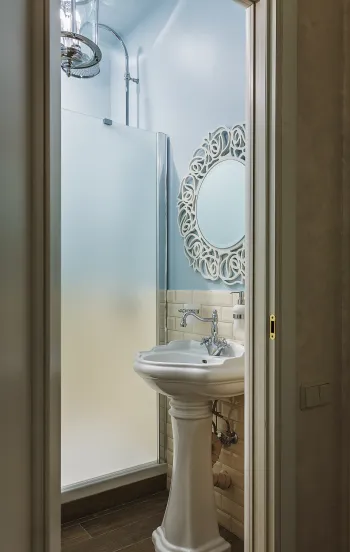 Интерьер ванной с зеркалом на двери  смотреть на Basicdecor