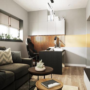Интерьер кабинета cветильниками над столом и с подсветкой  смотреть на Basicdecor