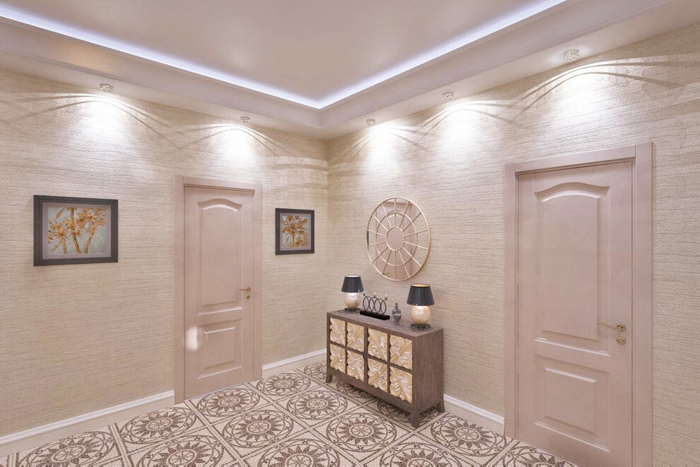 Интерьер коридора с рейками с подсветкой, подсветкой настенной, подсветкой светодиодной и с подсветкой в классическом стиле