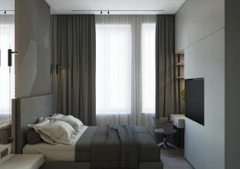 Интерьер спальни c рабочим местом, зонированием шторами и светильниками над кроватью в современном стиле