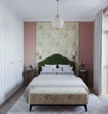 Интерьер спальни с акцентными обоями за кроватью  смотреть на Basicdecor