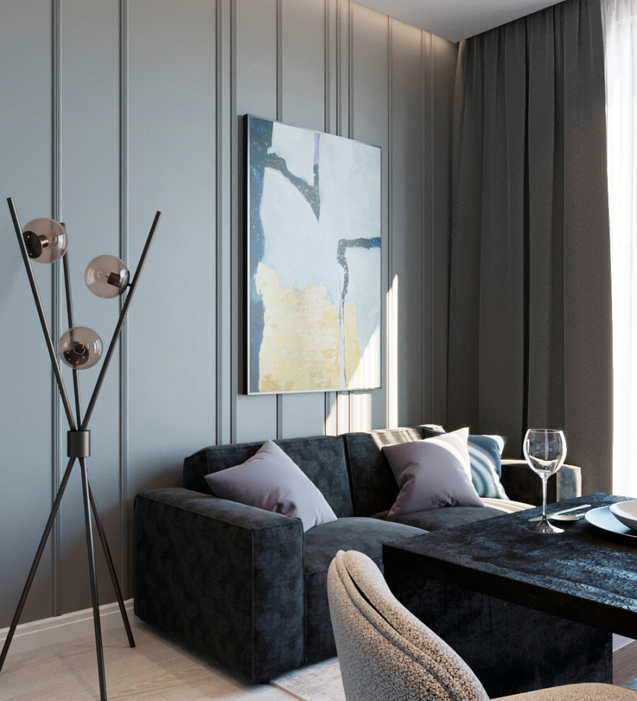 Интерьер гостиной с картинами над камином и подсветкой настенной в современном стиле