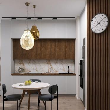Интерьер кухни cветильниками над столом  смотреть на Basicdecor