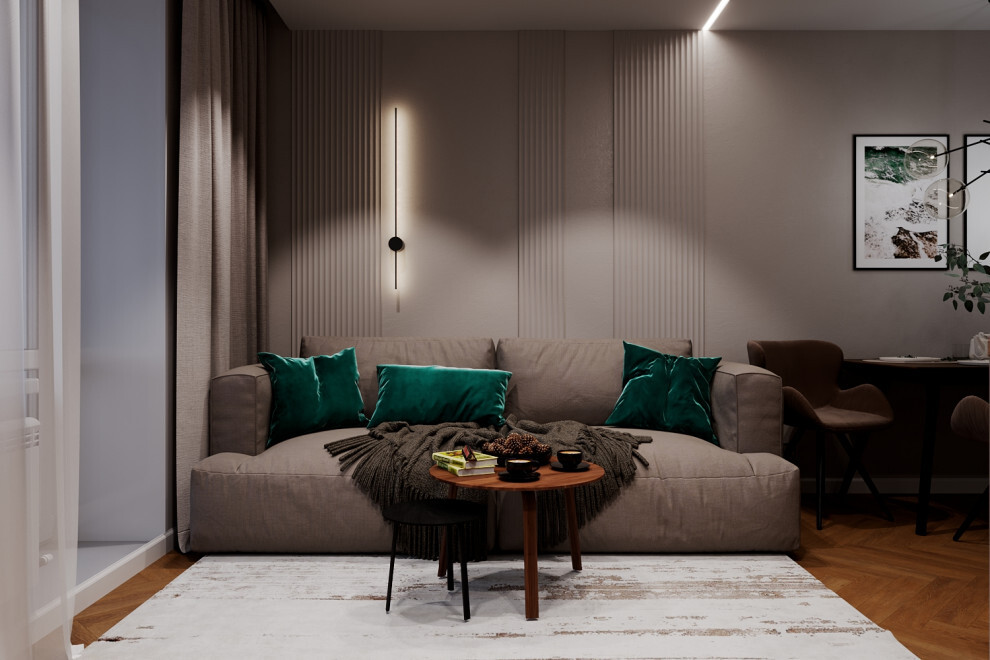 Интерьер гостиной с рейками с подсветкой, подсветкой настенной, подсветкой светодиодной и с подсветкой в современном стиле
