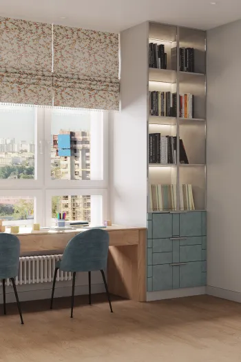 Интерьер детской c рабочим местом, библиотекой, окном, жалюзи и окном без подоконника в современном стиле смотреть на Basicdecor