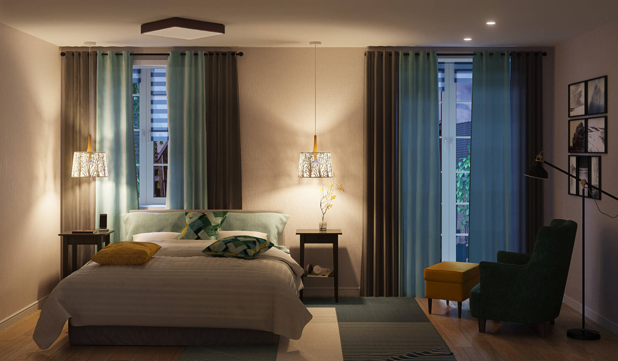 Интерьер спальни с рейками с подсветкой, подсветкой настенной и подсветкой светодиодной в скандинавском стиле