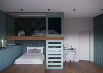 Интерьер детской с кроватью в нише и с антресолью  смотреть на Basicdecor