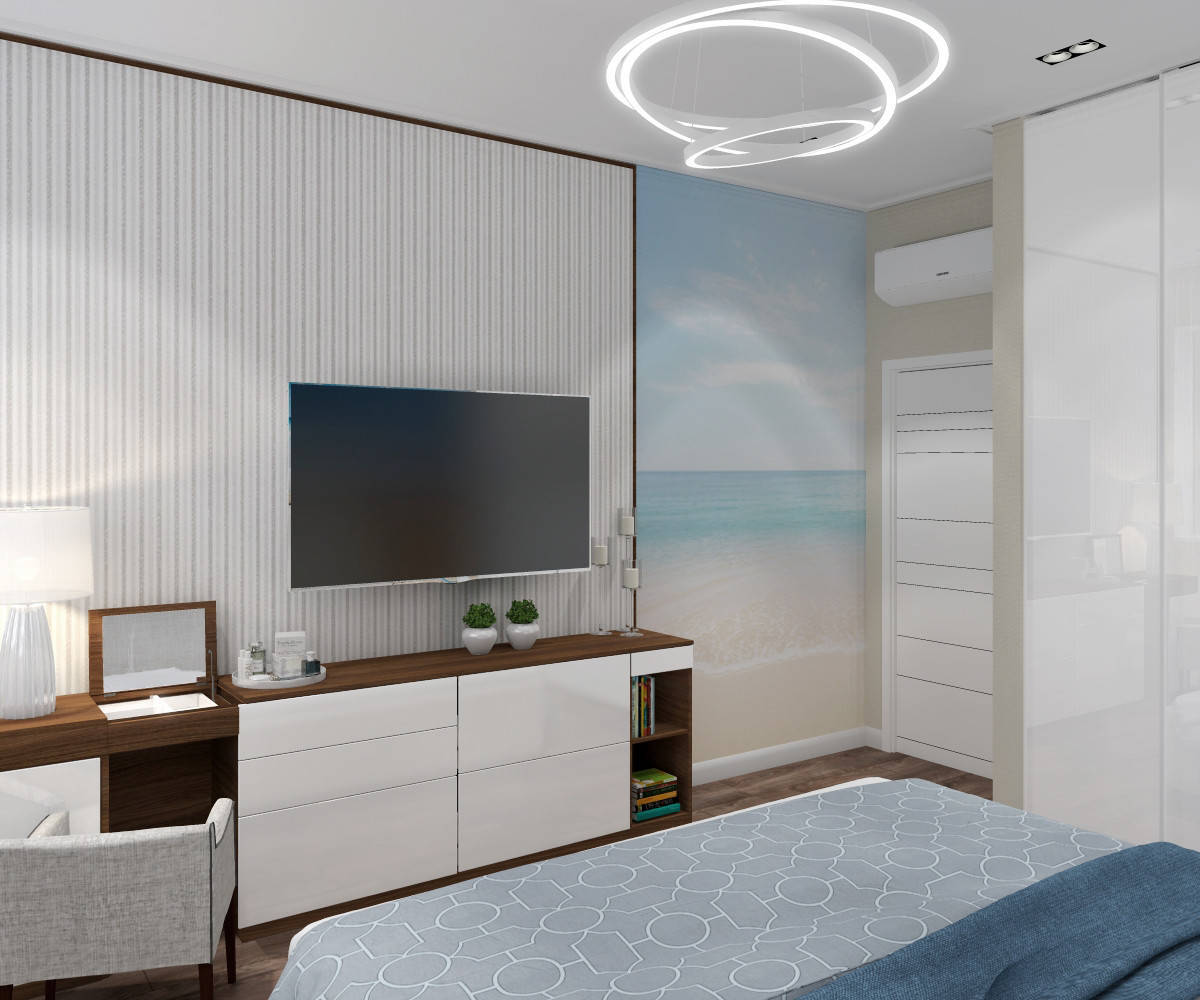 Интерьер спальни cветовыми линиями, подсветкой светодиодной и светильниками над кроватью в современном стиле