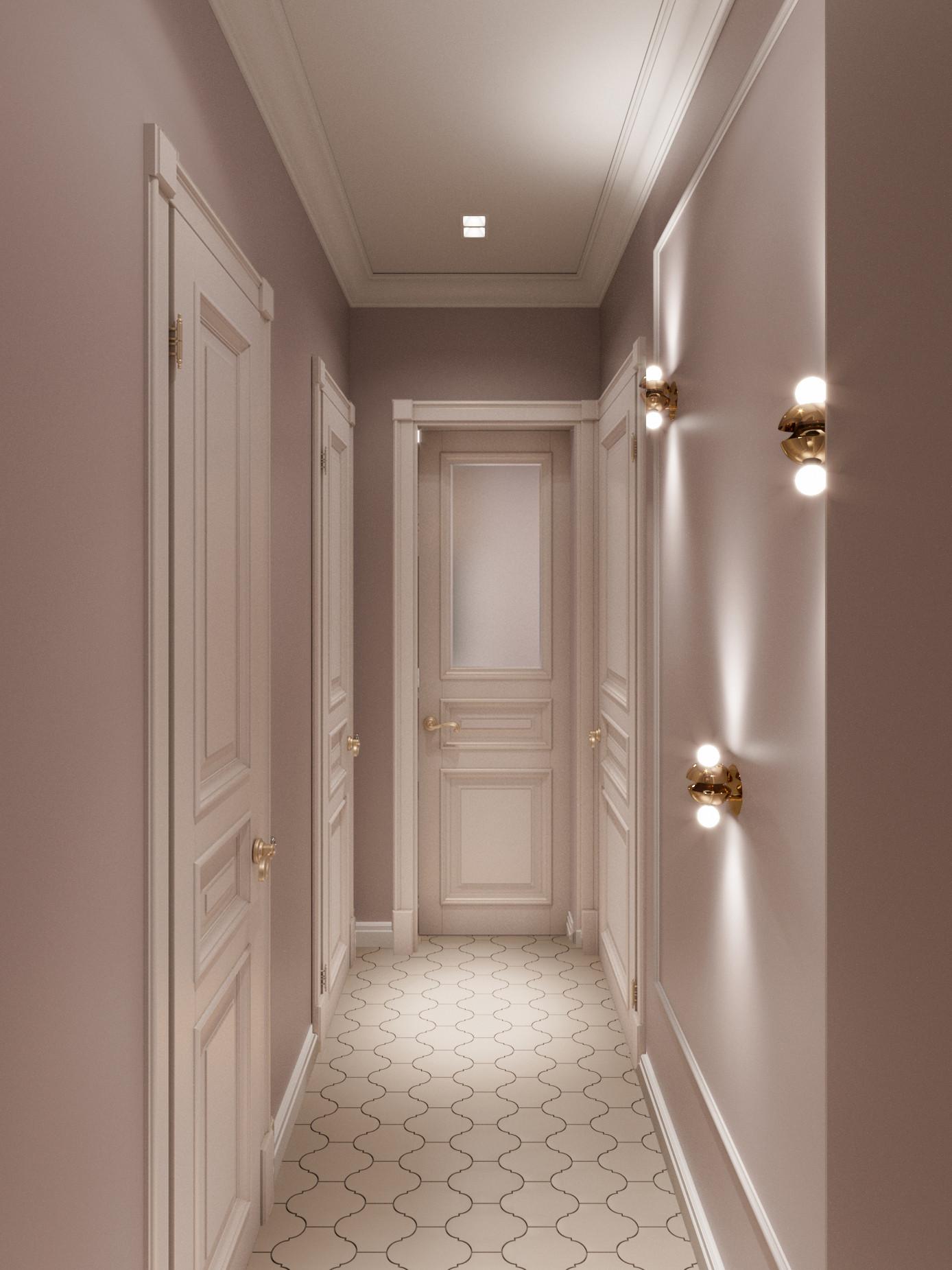 Интерьер коридора с подсветкой настенной в неоклассике