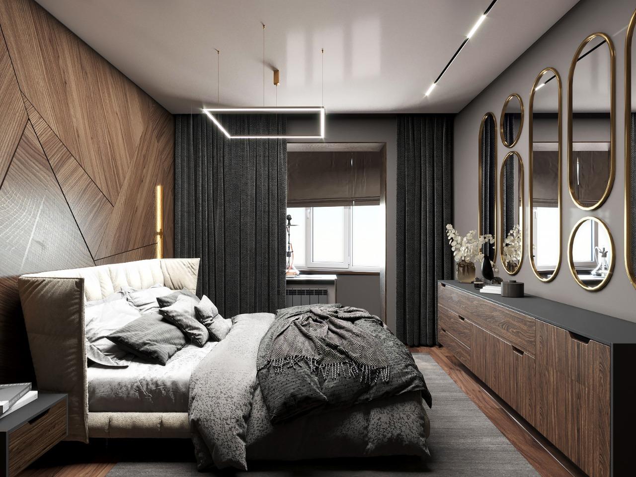 Интерьер спальни cветовыми линиями и светильниками над кроватью в стиле лофт