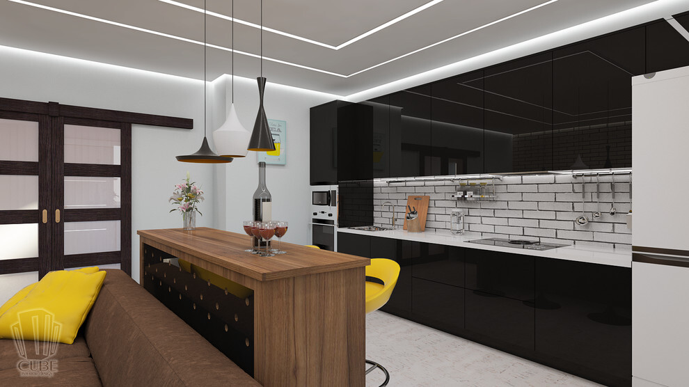 Интерьер кухни cветовыми линиями, рейками с подсветкой, подсветкой настенной и подсветкой светодиодной в современном стиле