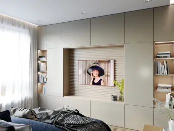Интерьер спальни с телевизором на стене в современном стиле смотреть на Basicdecor