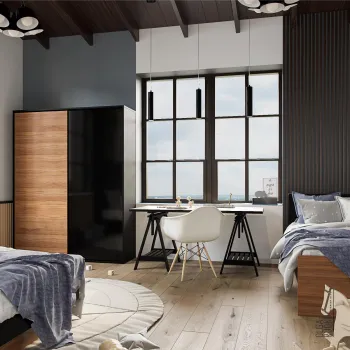 Интерьер спальни c рабочим местом и две кровати  смотреть на Basicdecor