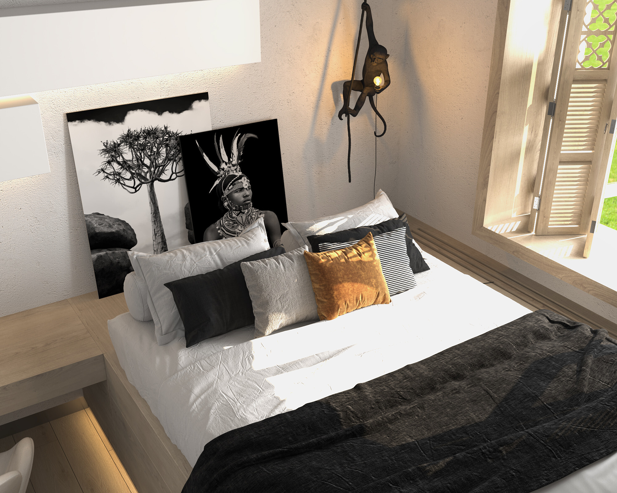 Интерьер спальни с бра над кроватью и светильниками над кроватью в стиле лофт