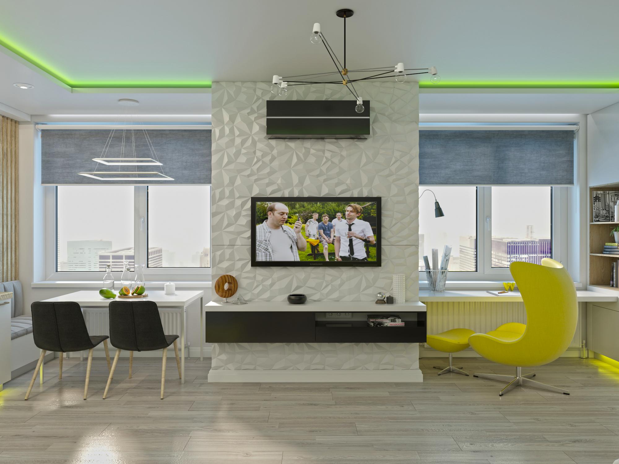 Интерьер столовой c рабочим местом, панно за телевизором, стеной с телевизором, телевизором на стене и керамогранитом на стену с телевизором