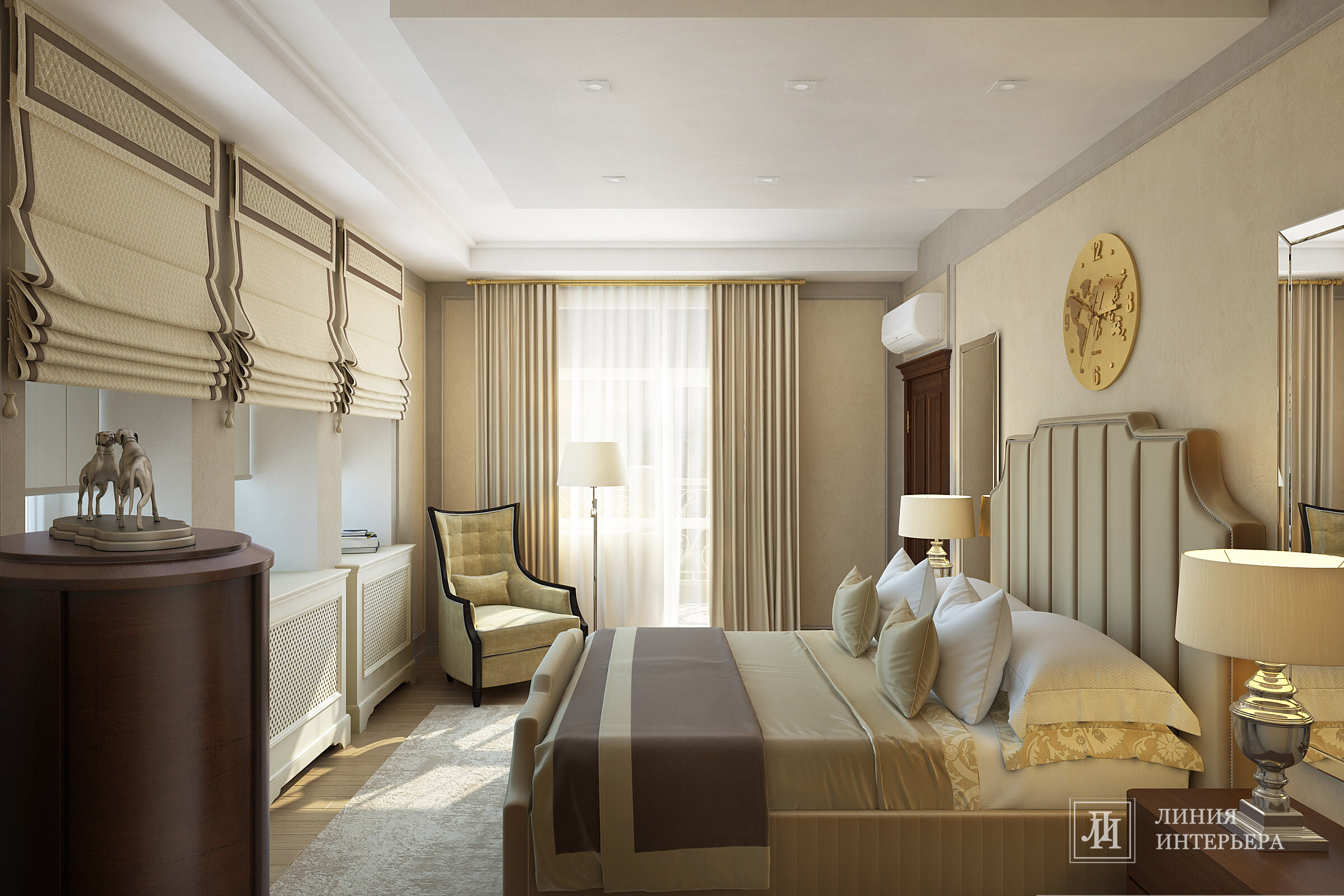 Интерьер спальни cветильниками над кроватью в неоклассике, в классическом стиле и в восточном стиле