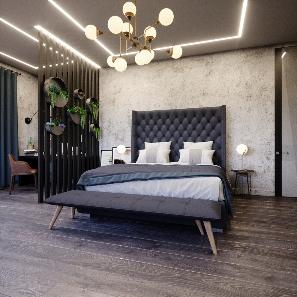 Интерьер спальни с рейками с подсветкой, подсветкой настенной, подсветкой светодиодной и светильниками над кроватью