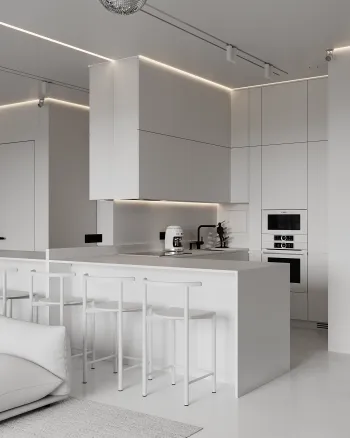 Интерьер кухни с нишей с подсветкой, световыми линиями и с подсветкой  смотреть на Basicdecor