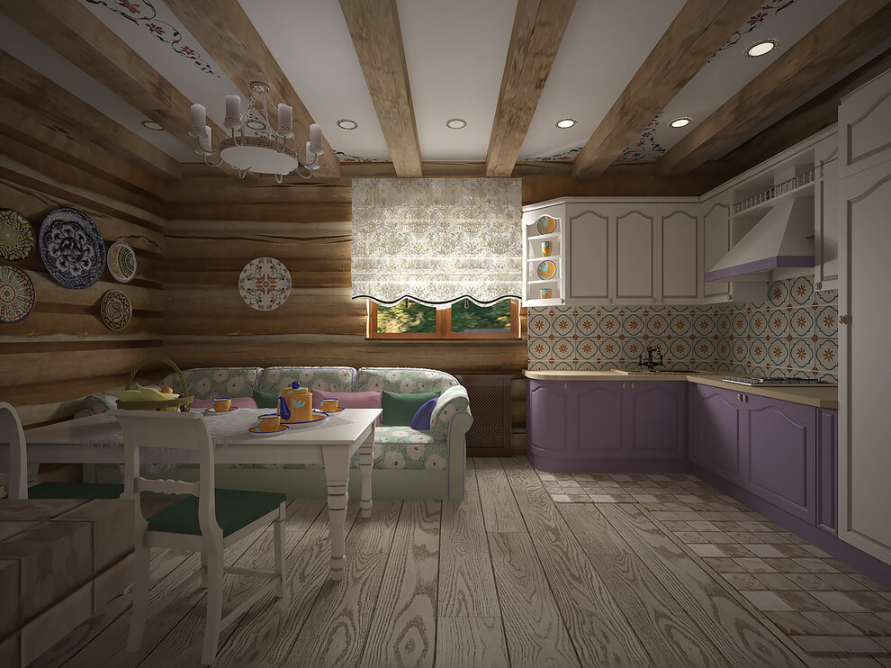 Интерьер кухни с в деревянном доме в стиле кантри