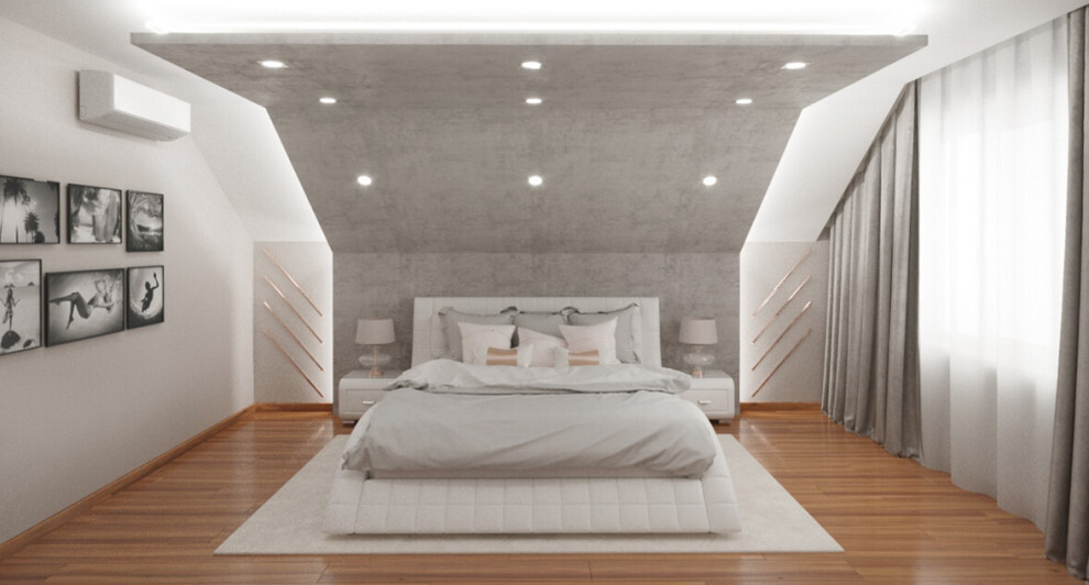 Интерьер спальни с подсветкой настенной, подсветкой светодиодной, светильниками над кроватью и с подсветкой