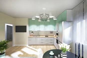 Интерьер кухни cветильниками над столом  смотреть на Basicdecor