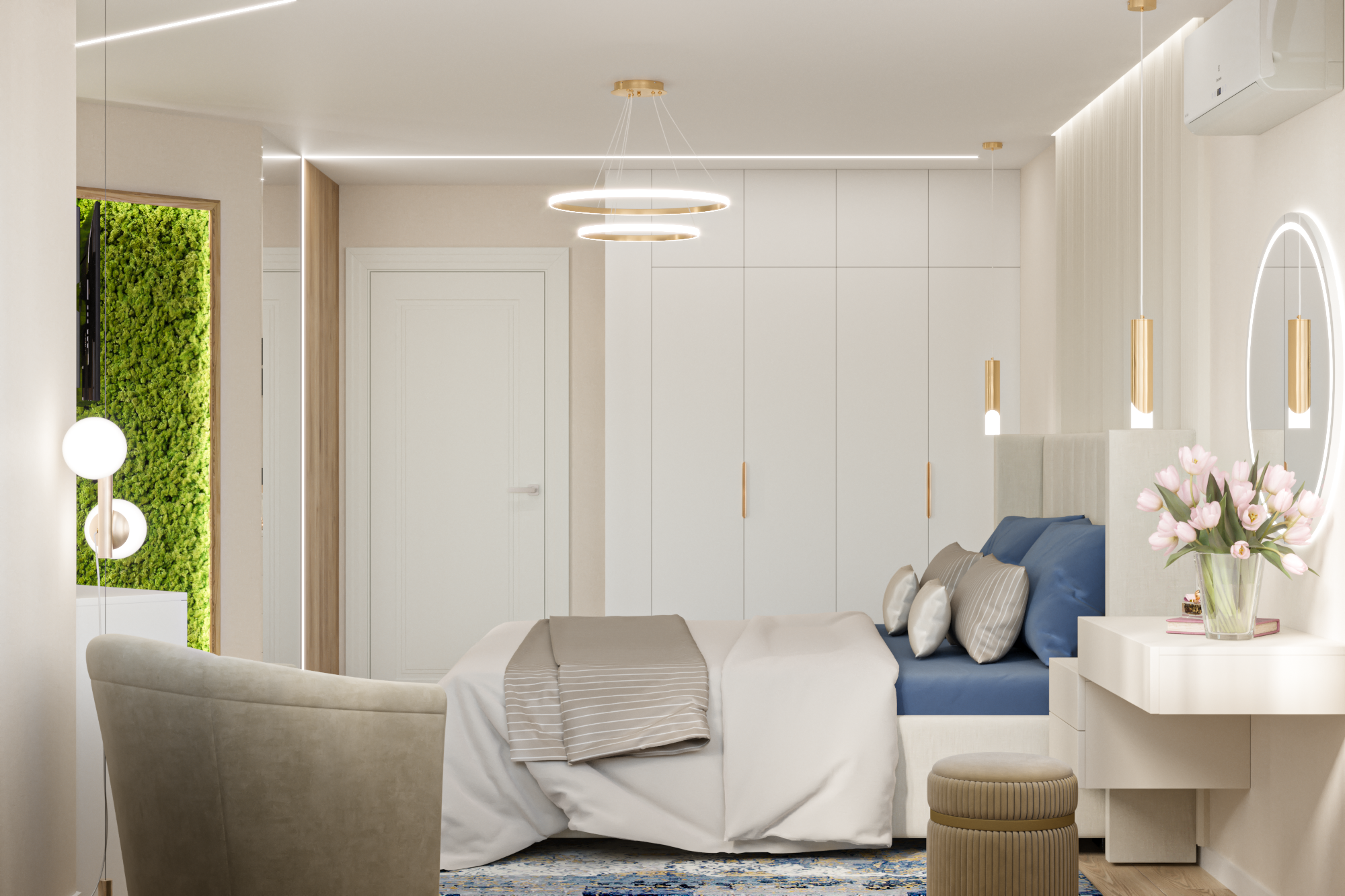 Интерьер спальни cветовыми линиями, рейками с подсветкой, подсветкой светодиодной и светильниками над кроватью