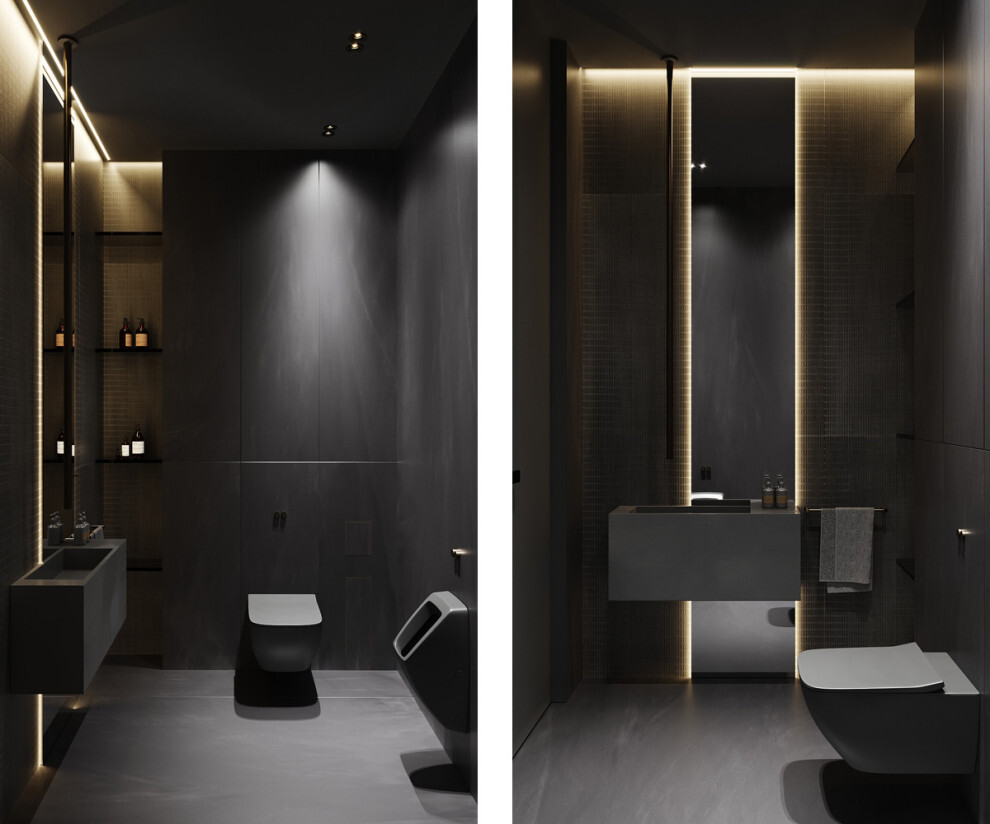 Интерьер ванной cветовыми линиями, подсветкой светодиодной и с подсветкой в современном стиле